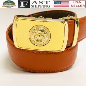 Automatic Designer Buckle Men's Orange Ratchet Genuine‎ Leather Belt Dress Jeans